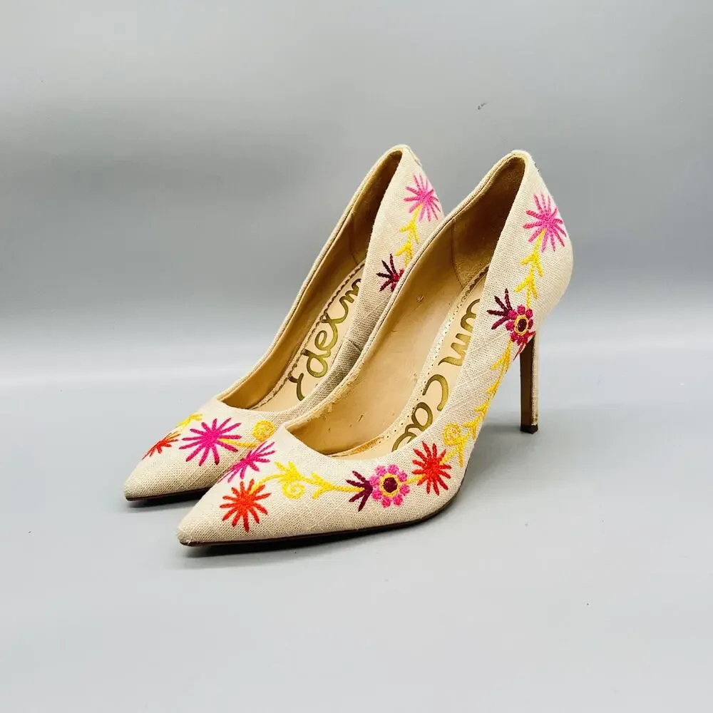 Sam Edelman Shoes Womens 8.5 Beige Hazel Linen Floral Embroidered Stiletto Pumps